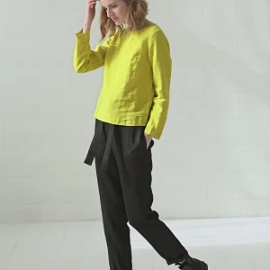 Casual Linen Blouse / Simple Round Neck Top / Long Sleeves Blouse