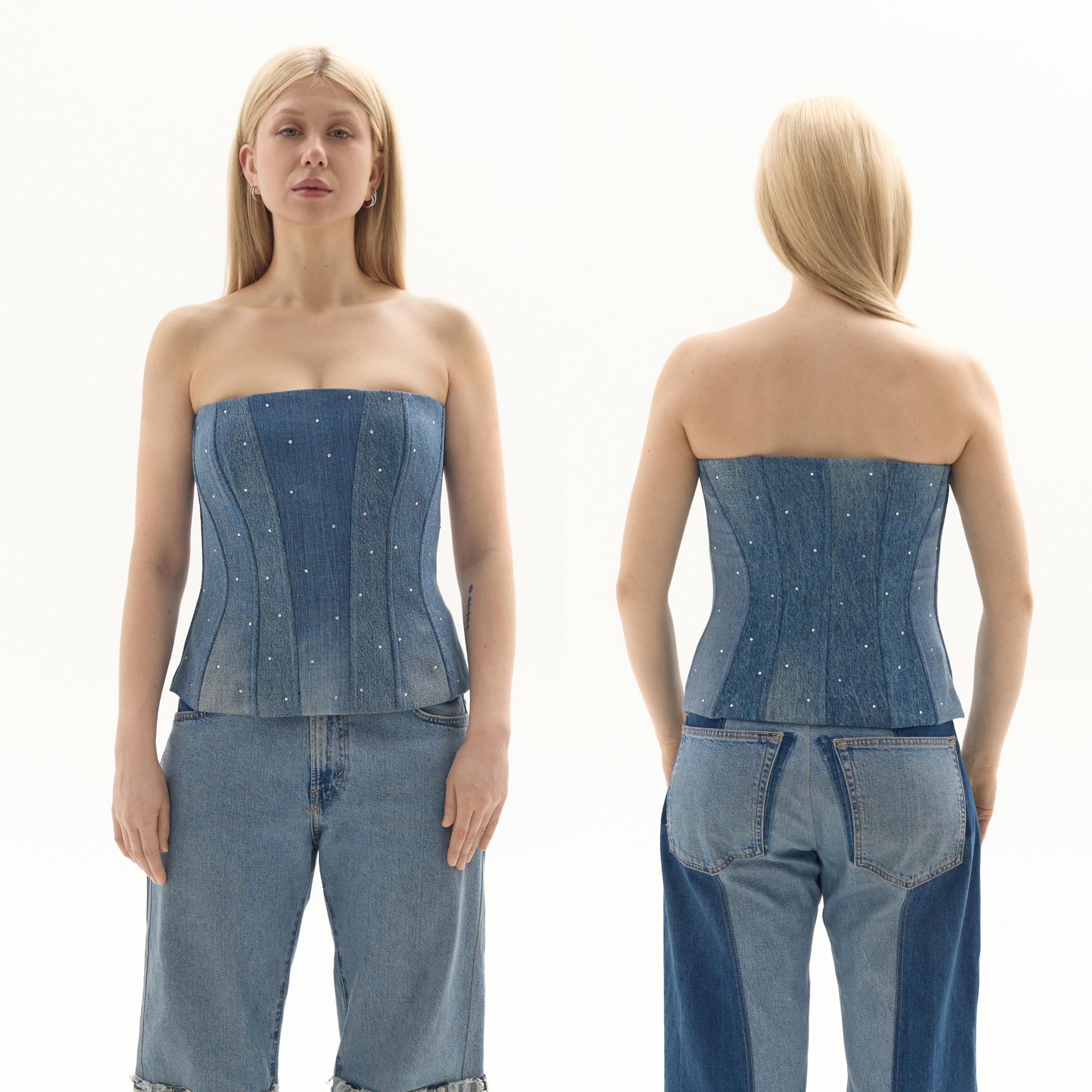 Upcycled Denim Corset Top: Steel Boned Rhinestone Bustier
