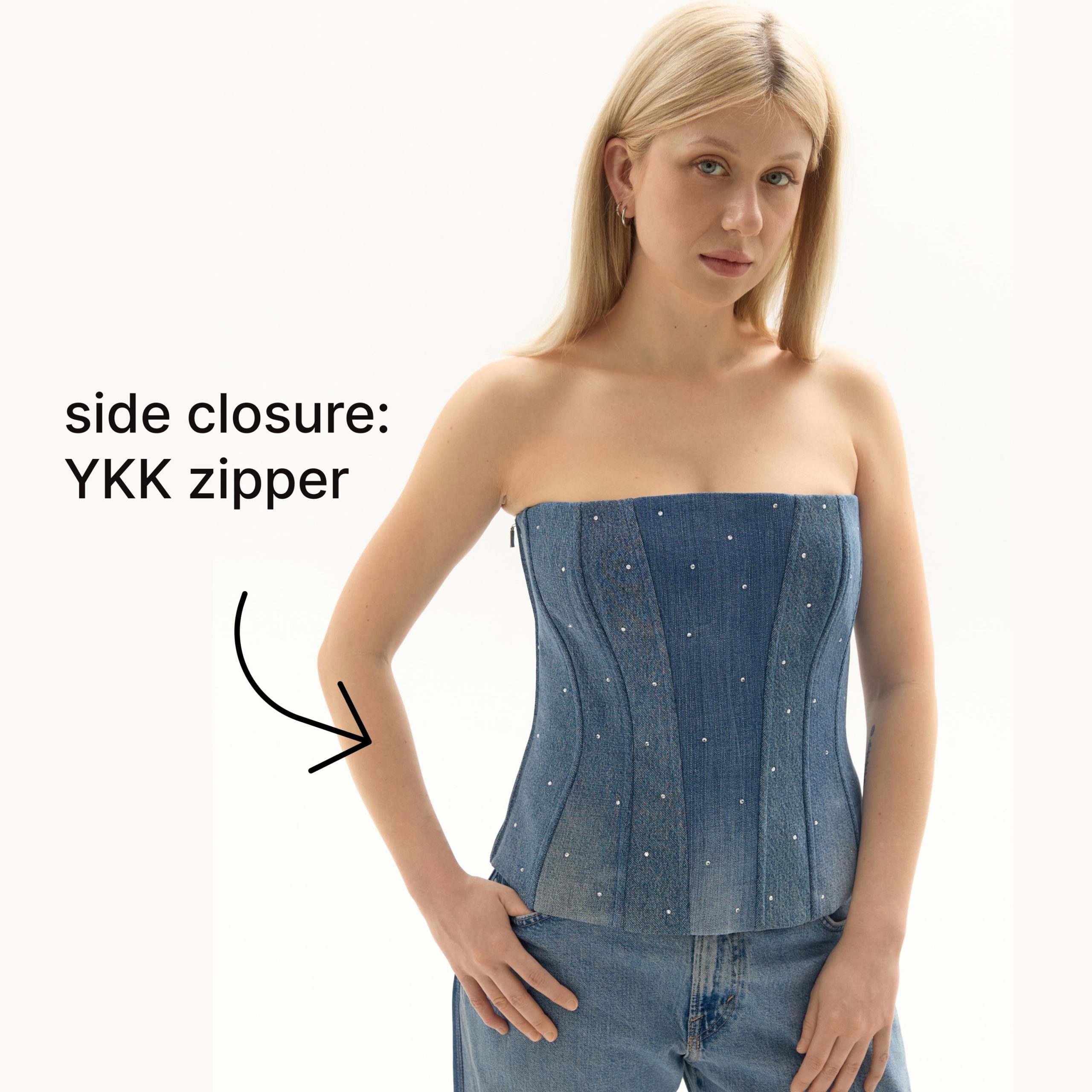 Upcycled Denim Corset Top: Steel Boned Rhinestone Bustier