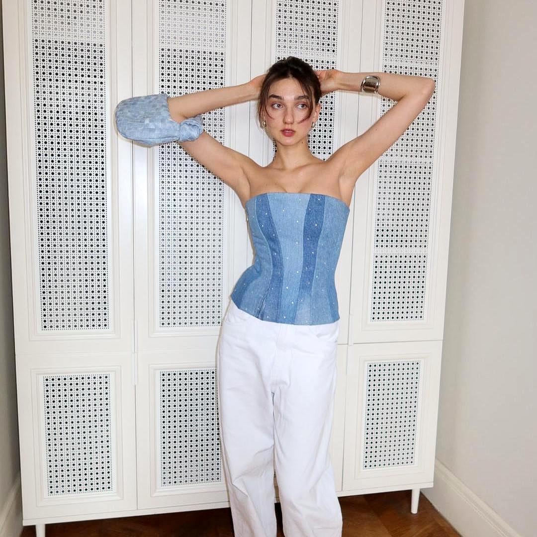 Upcycled Denim Corset Top: Steel Boned Rhinestone Bustier