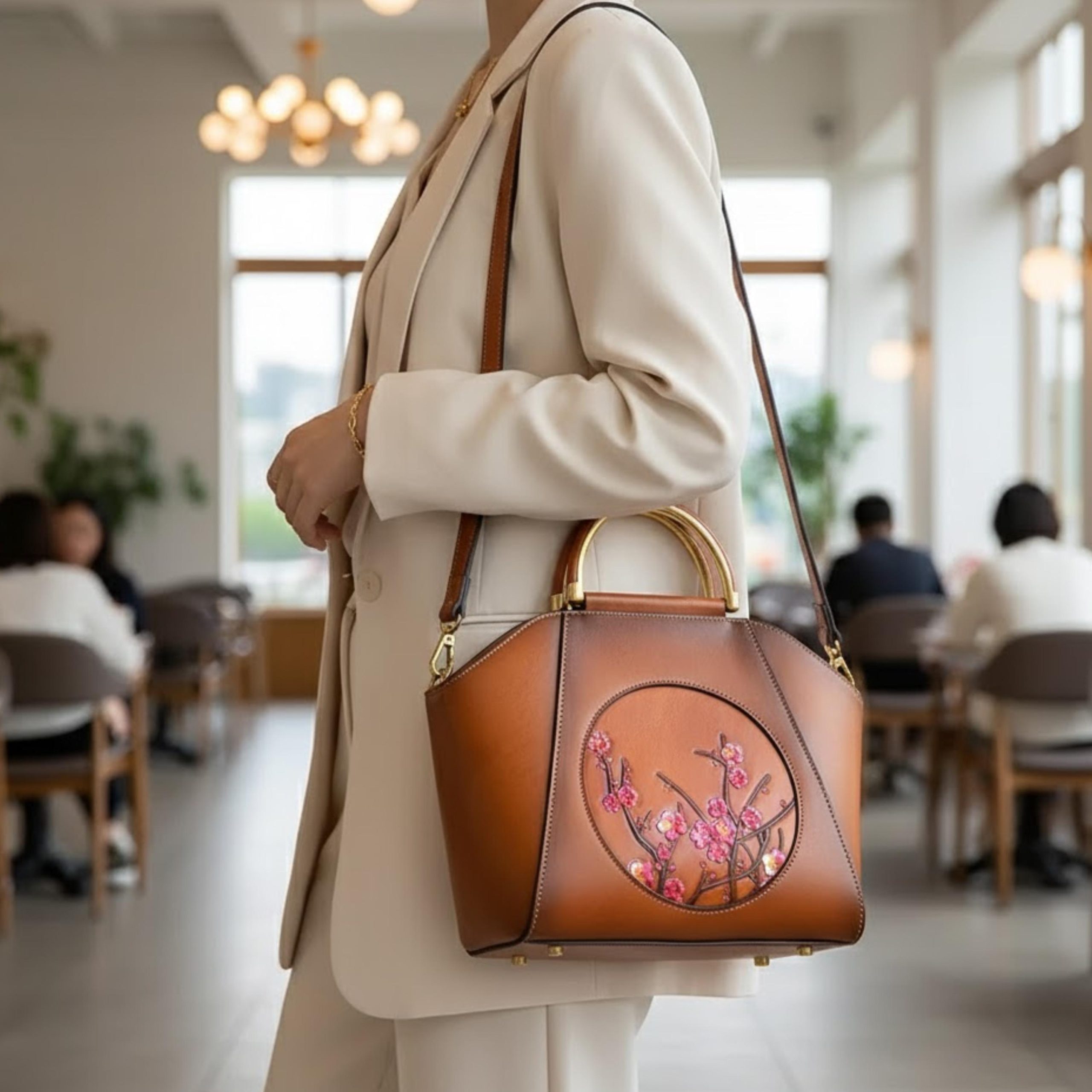Cherry Blossom Cowhide Handbag Vintage Brown Leather Top