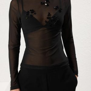Turtleneck Top Sheer Mesh Black Handcrafted Sequin Embroidered
