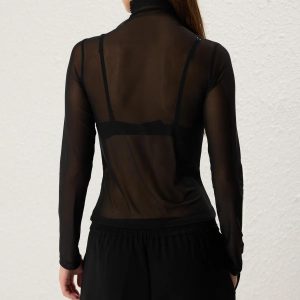 Turtleneck Top Sheer Mesh Black Handcrafted Sequin Embroidered