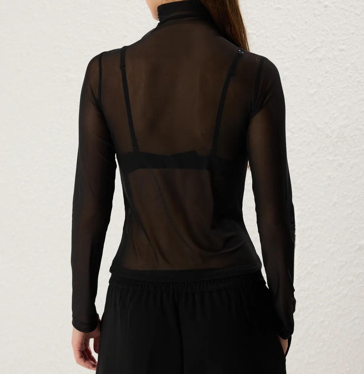 Turtleneck Top Sheer Mesh Black Handcrafted Sequin Embroidered