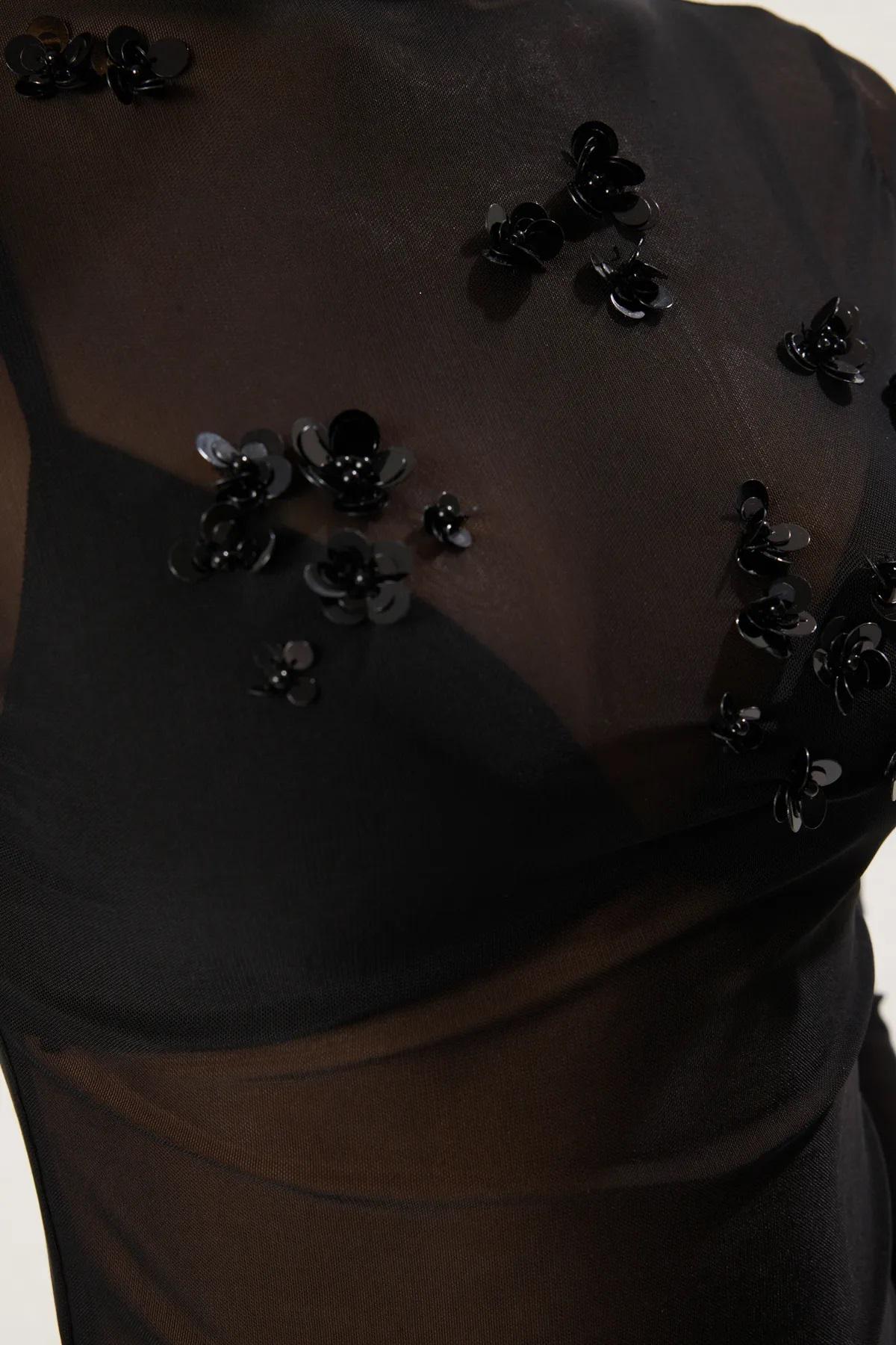 Turtleneck Top Sheer Mesh Black Handcrafted Sequin Embroidered