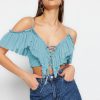 Ruffled Knit Crop Top: Lace Up Off Shoulder