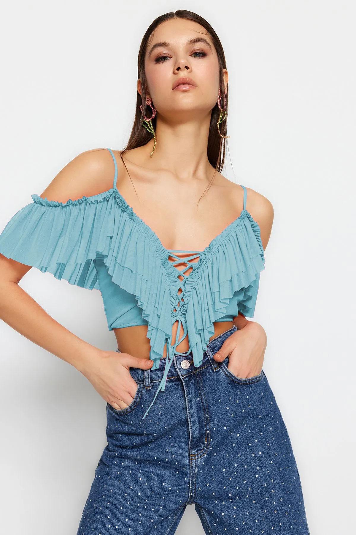 Ruffled Knit Crop Top: Lace Up Off Shoulder