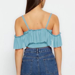 Ruffled Knit Crop Top: Lace Up Off Shoulder