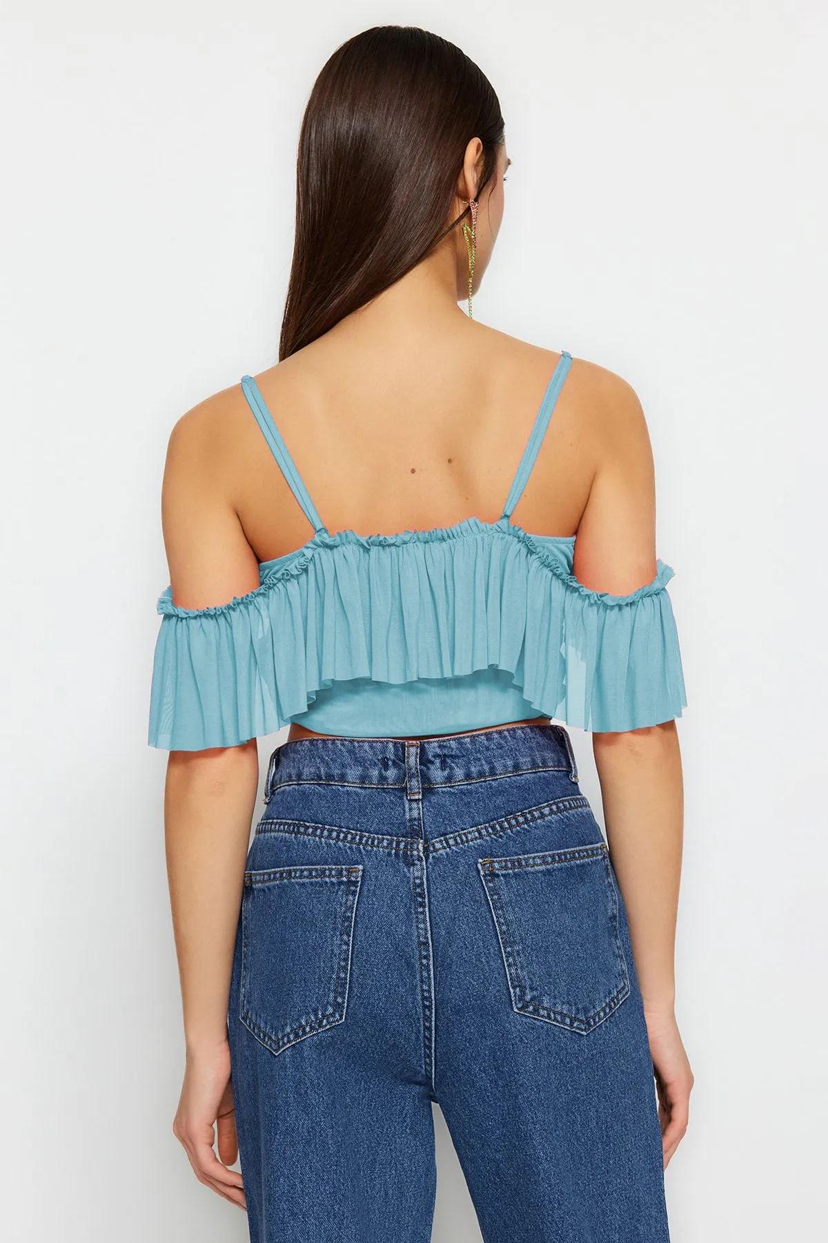 Ruffled Knit Crop Top: Lace Up Off Shoulder
