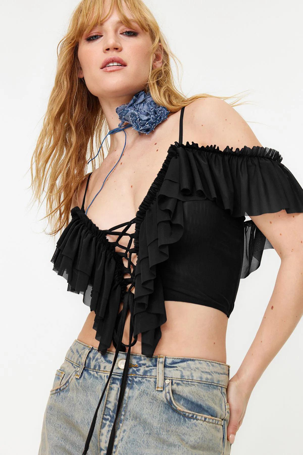 Ruffled Knit Crop Top: Lace Up Off Shoulder
