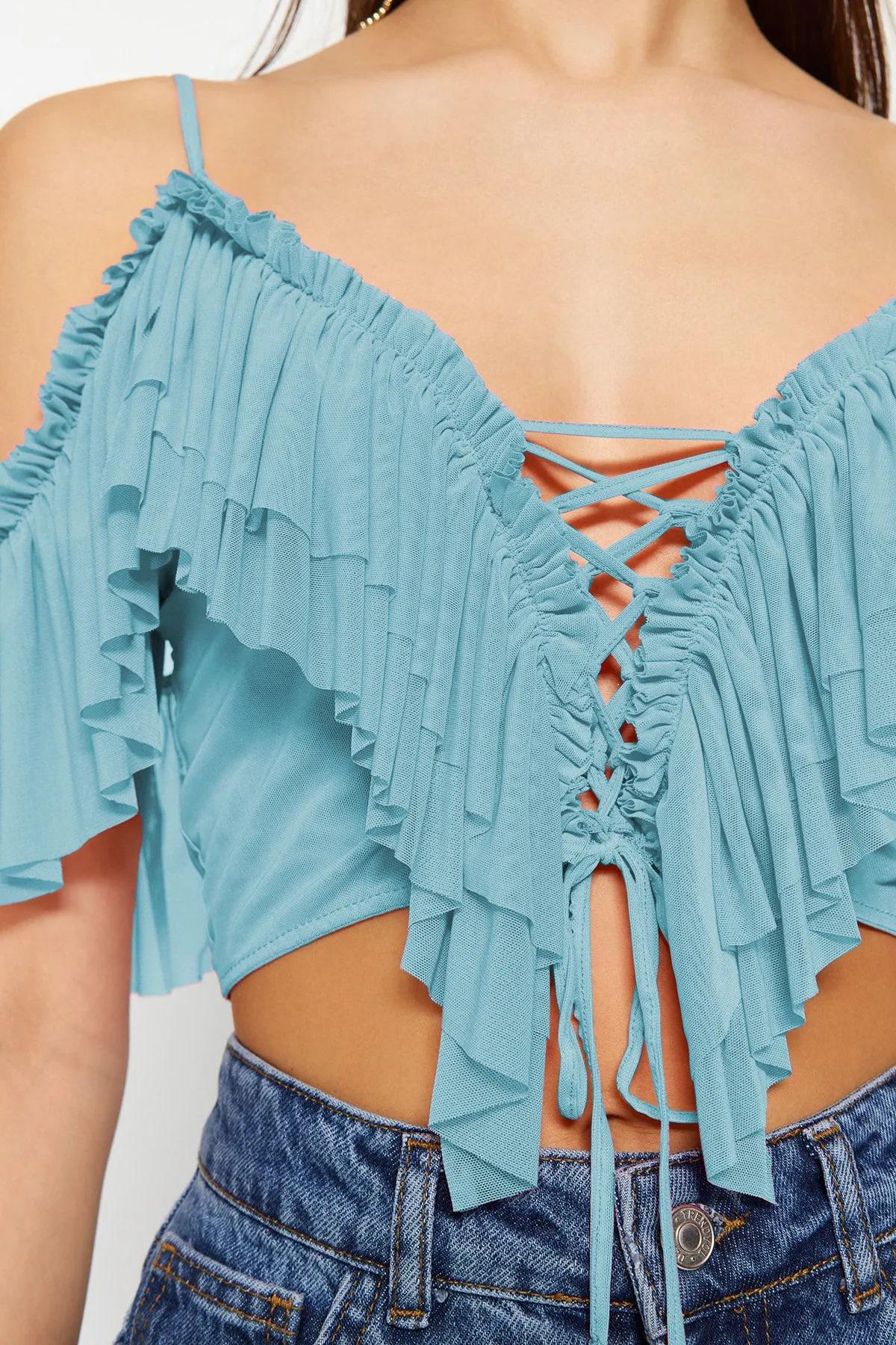 Ruffled Knit Crop Top: Lace Up Off Shoulder