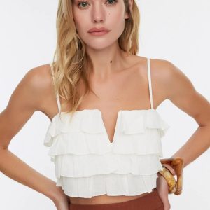 Ruffled Cotton Crop Top: Lace Up Boho Halter