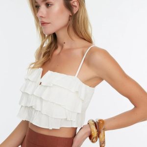 Ruffled Cotton Crop Top: Lace Up Boho Halter