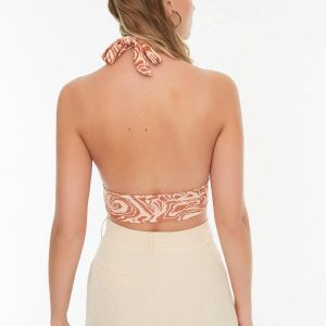 Abstract Print Halter Crop Top: Stretchy Knit Y2k