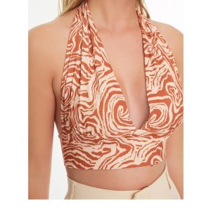 Abstract Print Halter Crop Top: Stretchy Knit Y2k