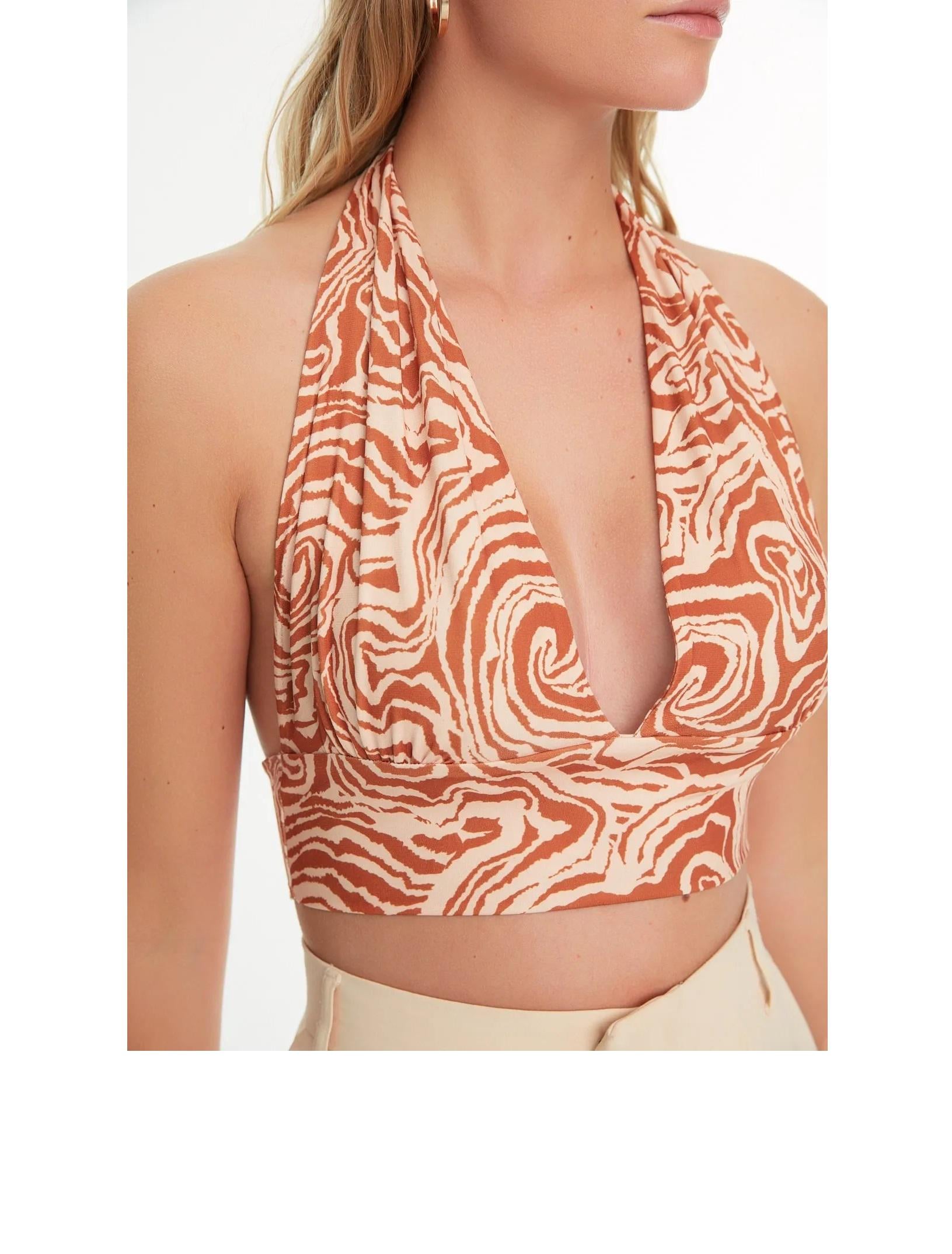 Abstract Print Halter Crop Top: Stretchy Knit Y2k