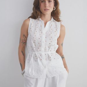 Embroidered White Cotton Blouse: Sleeveless Boho Top With