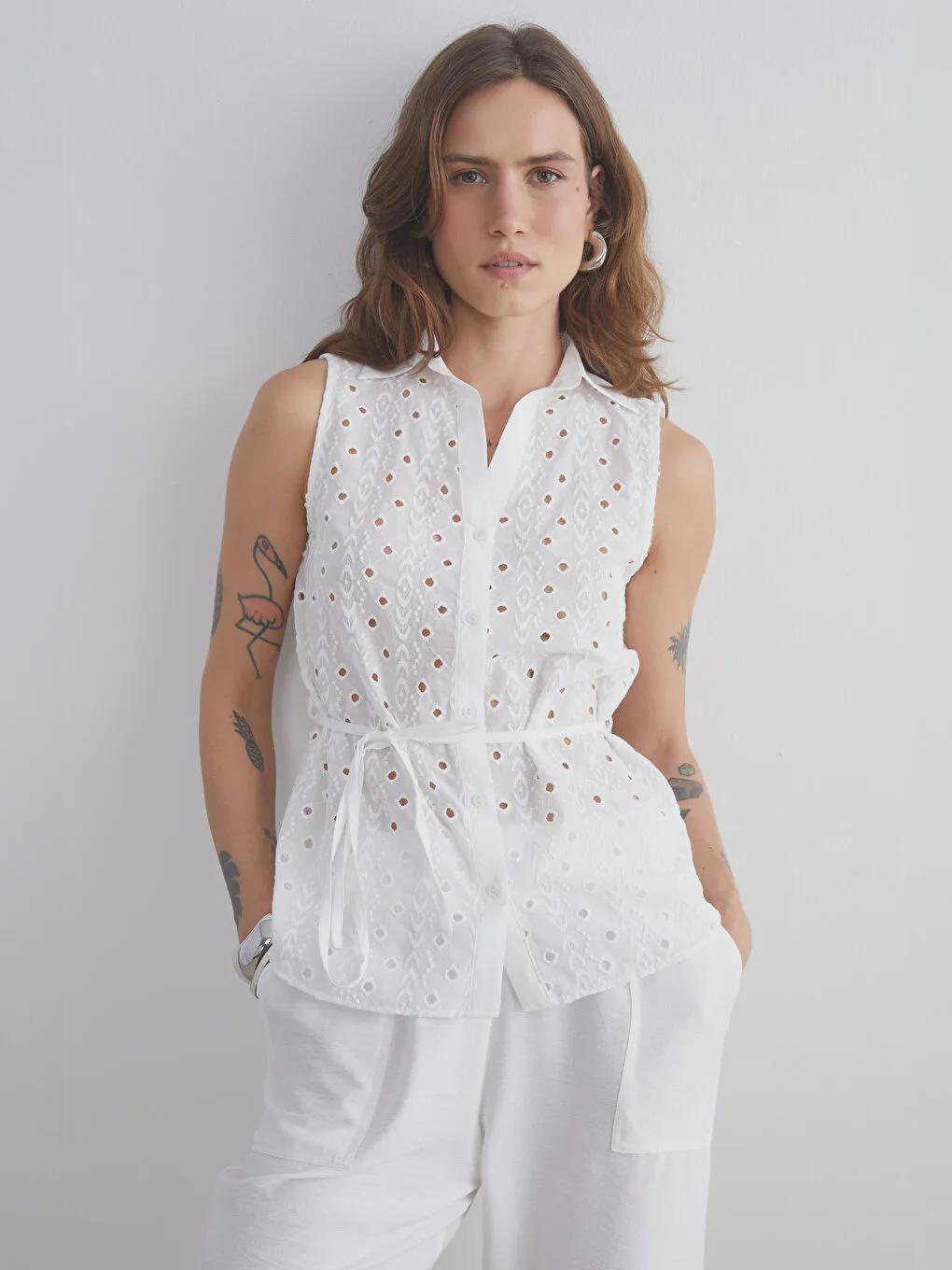 Embroidered White Cotton Blouse: Sleeveless Boho Top With
