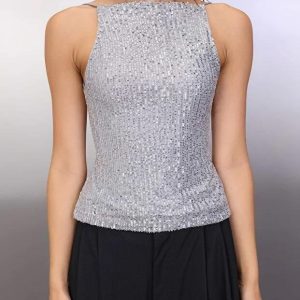 Black Sequin Halter Top: Sleeveless Glitter Party Blouse