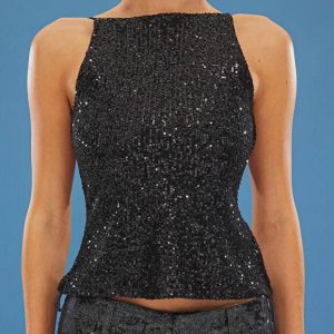 Black Sequin Halter Top: Sleeveless Glitter Party Blouse