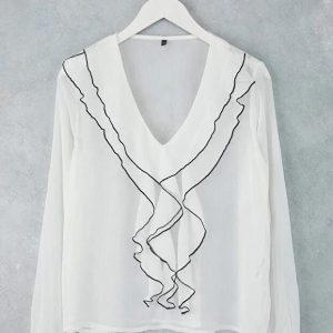 White Chiffon Ruffle Blouse: Elegant V Neck Long