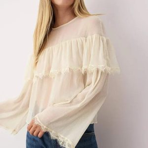 Sheer Chiffon Blouse: Elegant Ruffle Long Sleeve Top