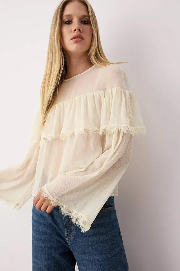 Sheer Chiffon Blouse: Elegant Ruffle Long Sleeve Top