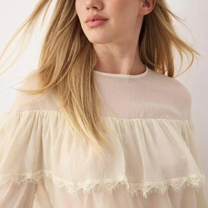 Sheer Chiffon Blouse: Elegant Ruffle Long Sleeve Top