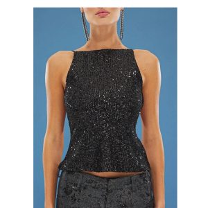 Black Sequin Halter Top: Sleeveless Glitter Party Blouse