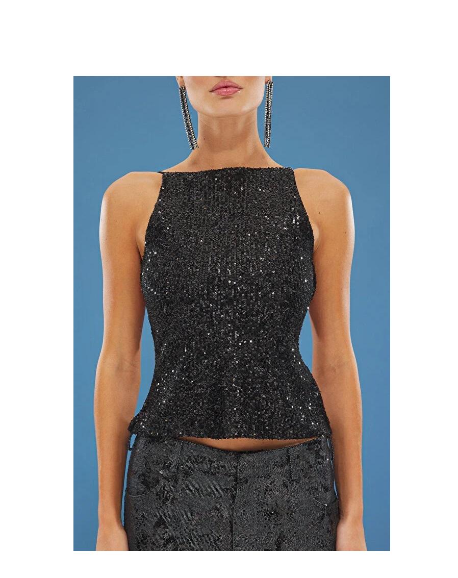 Black Sequin Halter Top: Sleeveless Glitter Party Blouse