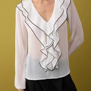 White Chiffon Ruffle Blouse: Elegant V Neck Long