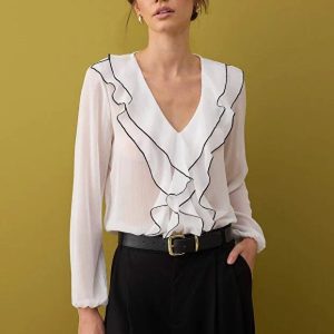 White Chiffon Ruffle Blouse: Elegant V Neck Long