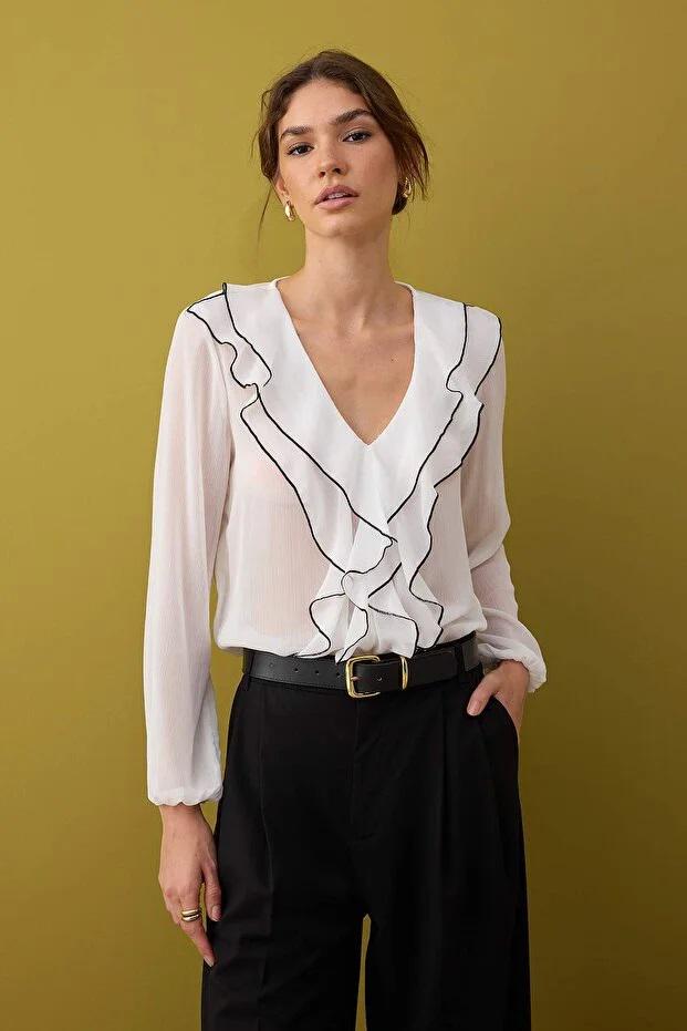 White Chiffon Ruffle Blouse: Elegant V Neck Long