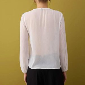 White Chiffon Ruffle Blouse: Elegant V Neck Long