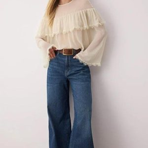 Sheer Chiffon Blouse: Elegant Ruffle Long Sleeve Top
