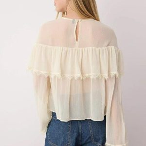 Sheer Chiffon Blouse: Elegant Ruffle Long Sleeve Top