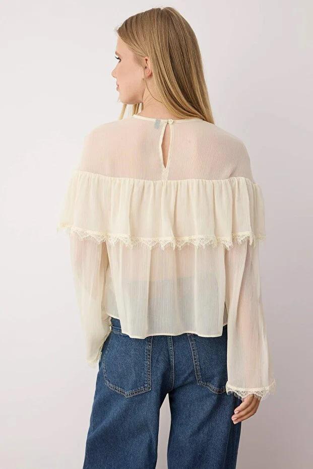 Sheer Chiffon Blouse: Elegant Ruffle Long Sleeve Top